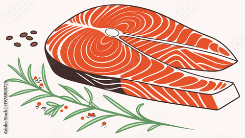 Salmon steak with herbs. Gradients, volumetric shadows, and an appetizing look. For advertising restaurants, social networks, and culinary blogs, menus, packaging, and recipes.