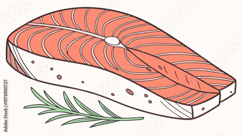 Salmon steak with herbs. Gradients, volumetric shadows, and an appetizing look. For advertising restaurants, social networks, and culinary blogs, menus, packaging, and recipes.