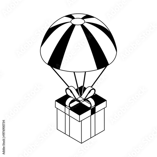 An icon of air delivery in isometric style
gift, parcel, package, courier, parachute, logistic, shipping, delivery, service, isometric, glyph, vector, icon 

