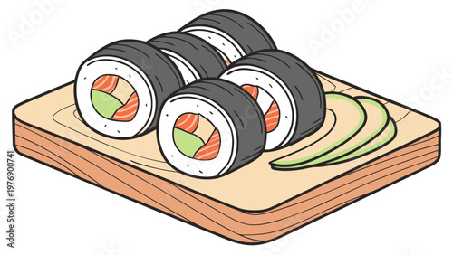 Image of rolls on a serving board, isolated on a white background. Bright gradients, juicy fillings. For social media, posters, packaging, and design of sushi bars, logos, merchandise, printing, and c