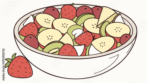 Vector illustration of a fruit salad on a plate. Colorful pieces of fruit, realistic details. For menus, recipes, healthy eating, websites, advertising, social media, cafes, healthy lifestyle projects