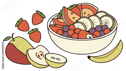 Vector illustration of a fruit salad on a plate. Colorful pieces of fruit, realistic details. For menus, recipes, healthy eating, websites, advertising, social media, cafes, healthy lifestyle projects