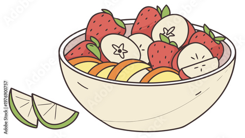 Vector illustration of a fruit salad on a plate. Colorful pieces of fruit, realistic details. For menus, recipes, healthy eating, websites, advertising, social media, cafes, healthy lifestyle projects