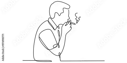 A minimalist single line drawing of a person smoking a cigarette isolated on a white background