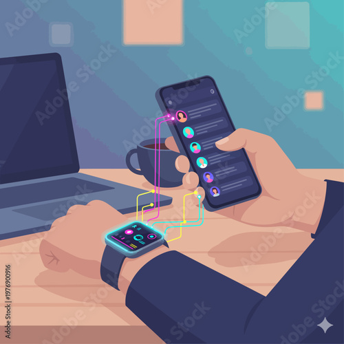Seamless connectivity between smartwatch and smartphone an icon sheet, icons, vector icon sheet, vector sheet showcasing digital communication and smart technology integration