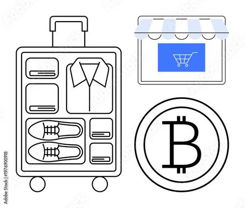 Travel planning, online shopping, digital currency, e-commerce, financial technology, and cryptocurrency. Luggage with compartments, store icon and Bitcoin symbol. Travel planning and online