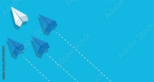 Leadership and unique vision concept with paper airplanes flying on blue background