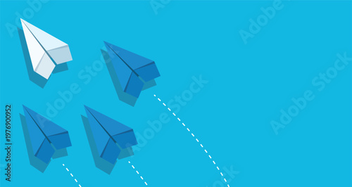 Leadership and unique vision concept with paper airplanes flying on blue background