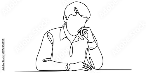 A single continuous line drawing of a thoughtful man sitting at a desk and resting his chin hand.