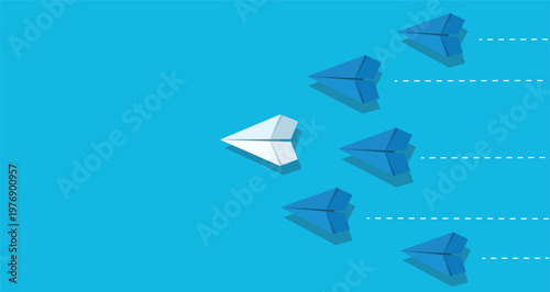 Leadership and unique vision concept with paper airplanes flying on blue background