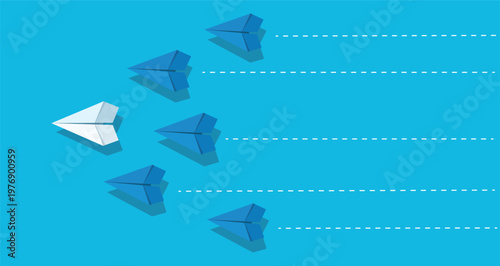 Leadership and unique vision concept with paper airplanes flying on blue background