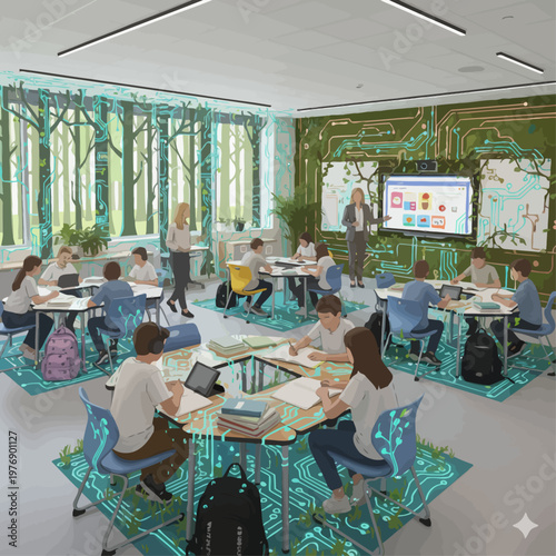 Interactive classroom with nature-inspired technology and sustainable design, fostering learning and creativity