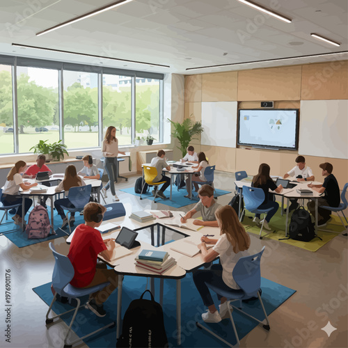 Modern Classroom Learning Environment with Students Using Technology and Collaborative Desks, Vector Icon Sheet Illustration