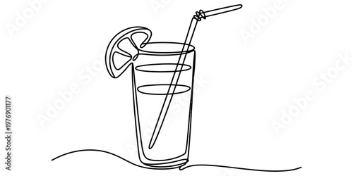A single continuous line drawing of a glass of refreshing lemonade with a lemon slice garnish.