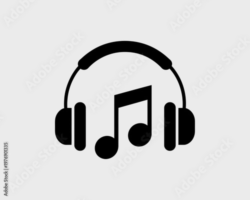 Minimalist black headphones with music notes icon isolated on white background