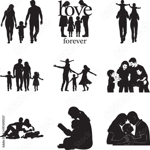 Black silhouette collection of families with children in various daily poses msea set
