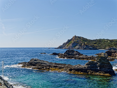 View of Embiez island from Gaou island rocky beach on a clear spring day (Le Brusc, Six-Four-les-Plages, Var, France)