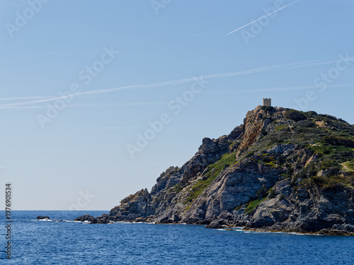View of Embiez island from Gaou island rocky beach on a clear spring day (Le Brusc, Six-Four-les-Plages, Var, France)