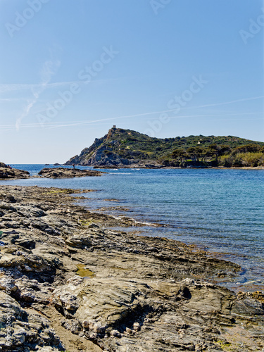 View of Embiez island from Gaou island rocky beach on a clear spring day (Le Brusc, Six-Four-les-Plages, Var, France)