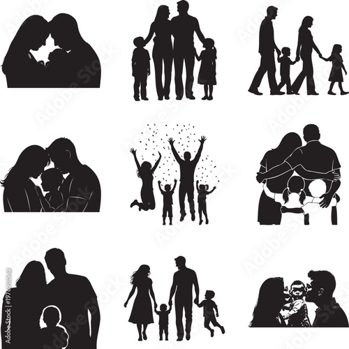 Black silhouette collection of families with parents and children in motion msea set