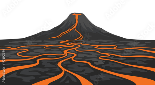 Massive volcanic mountain erupting with molten orange lava flowing down steep dark slopes onto a vast cracked rocky terrain under a stark white empty sky area.