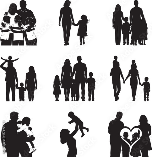 Black silhouette collection of families with parents and children in poses msea set
