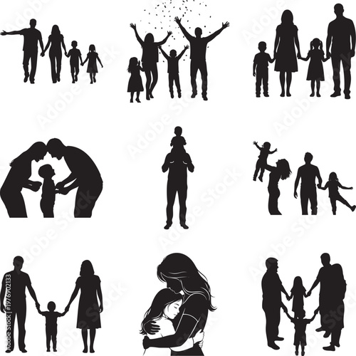 Black silhouette collection of families, parents, and children in various msea set