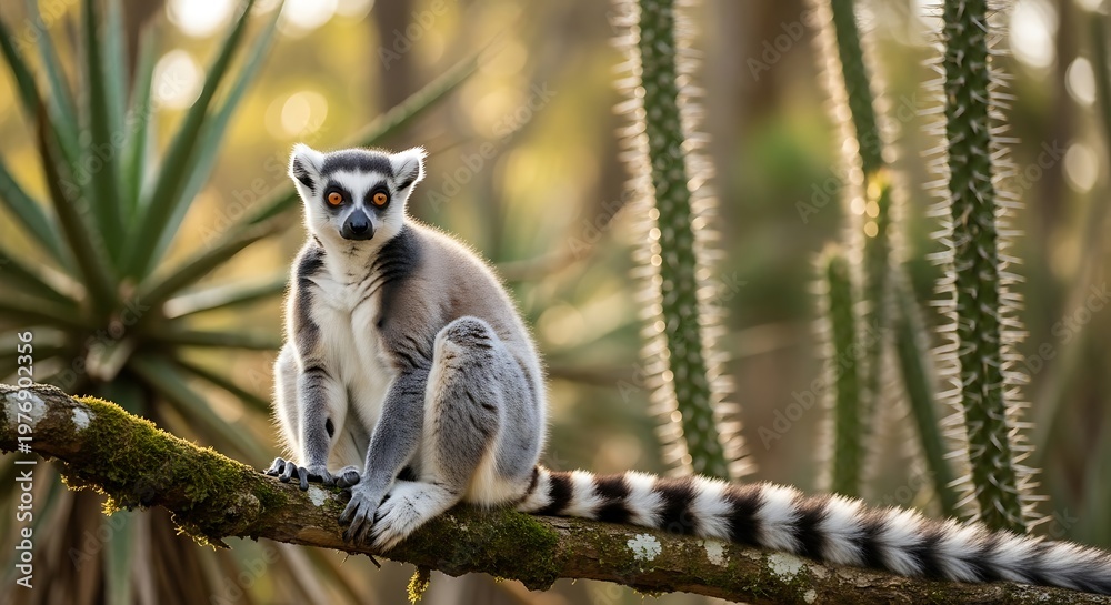 Fototapeta premium Ring tailed lemur perched on a tree branch in a natural environment