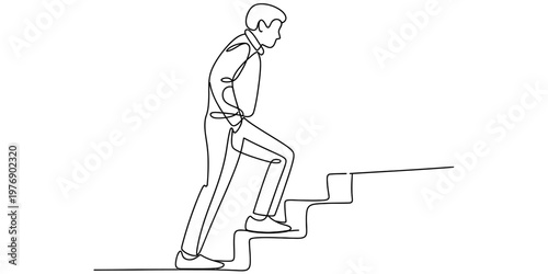 A continuous line drawing of a person walking up the stairs representing professional growth.