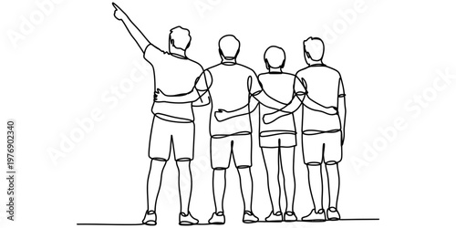 Continuous line drawing of four friends standing together and looking toward the same direction