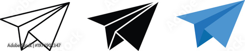 Three paper airplane outline solid blue geometric shapes origami flight travel