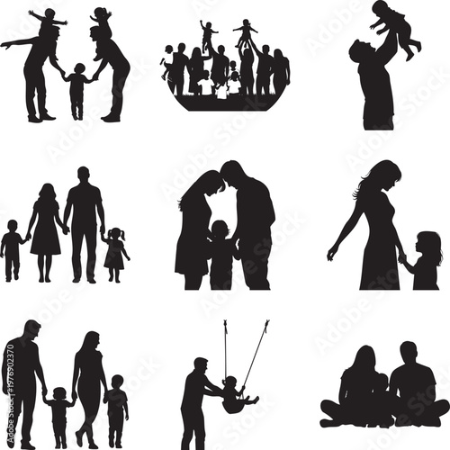 Black silhouettes of families with parents and children in various poses msea set