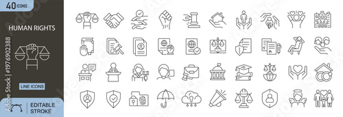 Human rights icons set representing equality, justice, freedom, law, protection, dignity, diversity, inclusion, protest and social awareness. Editable Stroke.