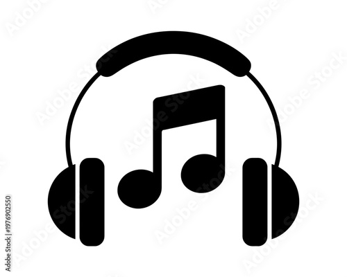 Black minimalist headphones with music note icon vector illustration for audio and entertainment design