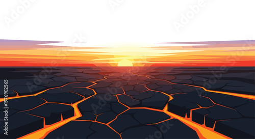 Expansive cracked dark earth landscape featuring glowing orange lava veins stretching toward a brilliant golden sunset on the distant horizon under soft clouds.