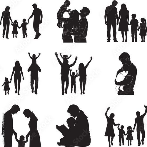 Set of black silhouettes depicting families with children in various poses msea set