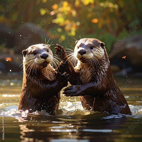 Two otters standing in water with playful expressions