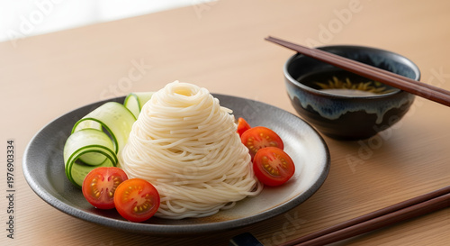 Refreshing Japanese Somen noodles, chilled and served with vibrant cherry tomatoes, crisp cucumber, and savory dipping sauce, ready for a light and healthy summer meal