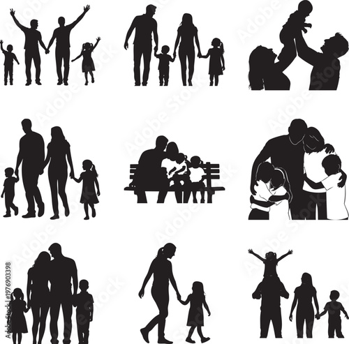 Set of black silhouettes featuring families with children in various poses msea set