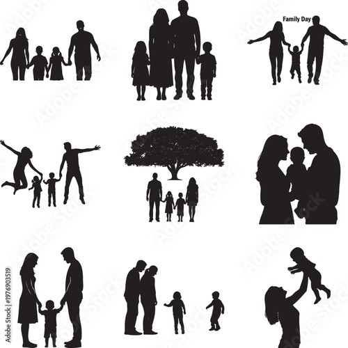 Set of black silhouettes featuring families with children in various poses msea set
