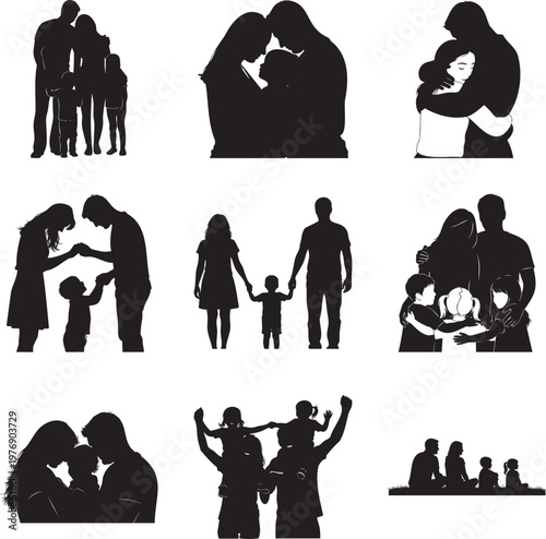 Set of black silhouettes featuring families with parents and children msea set