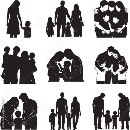 Set of black silhouettes featuring families with parents and young children msea set