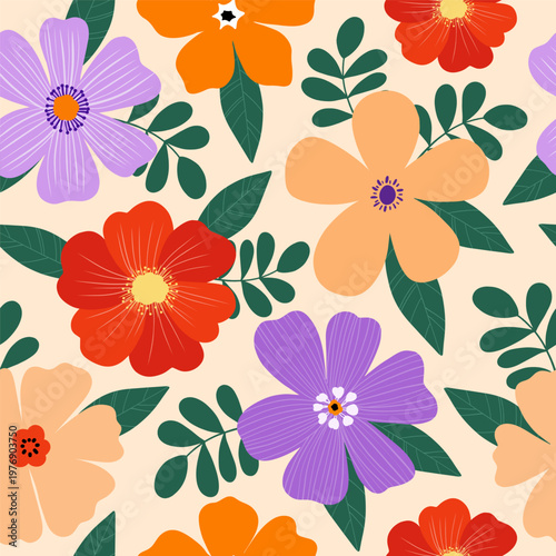 Cheerful hand-drawn floral seamless background featuring large blooming flowers and stylized foliage for stationery, fabric printing, and creative branding projects for spring and summer.