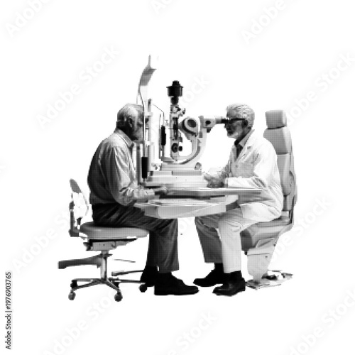 Halftone illustration of eye examination with doctor and patient using ophthalmic equipment, isolated on white background. Medical checkup concept in retro monochrome style.