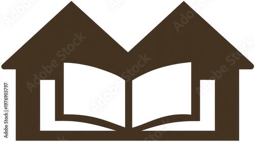 Brown icon of open book centered between two peaked roof structures, flat style