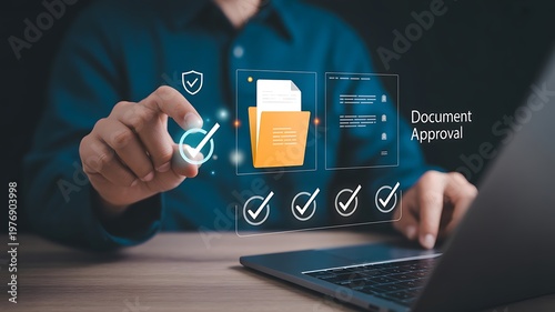 Businessman digitally approving documents with glowing checkmark and progress indicators on virtual interface