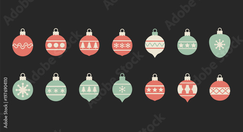 Christmas ornaments hang on a black background with festive designs