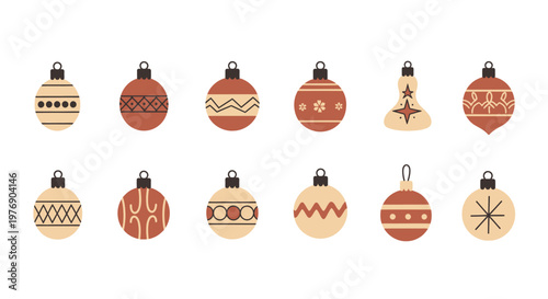 A festive Christmas scene with variously decorated ornaments hanging from a tree or a display.