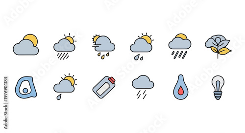 Weather forecast icons display various conditions and symbols on screen