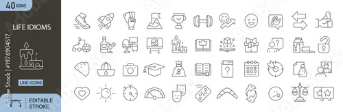 Life idioms icons set representing expressions, language learning, communication, phrases, understanding and creative thinking. Editable Stroke.